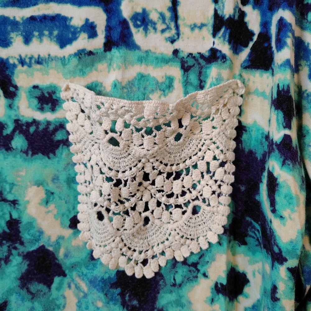 VOLL Women's Tunic Top Medium Blue Green Tie Dye Print Crochet Artsy Comfy - Picture 2 of 8